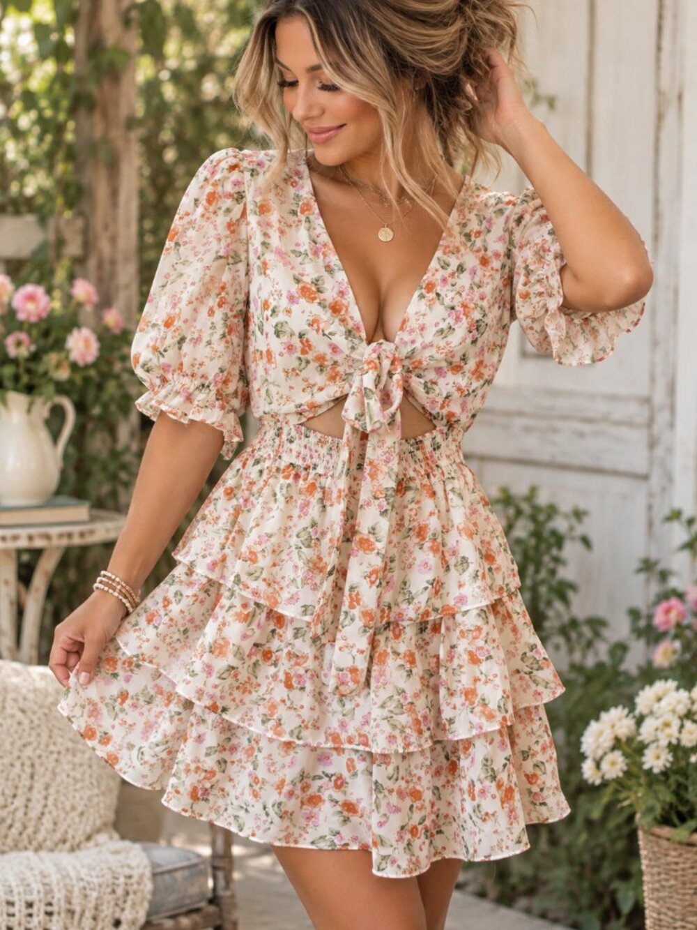 Altar’d State NWT Floral Tie Front Tiered Ruffle Mini Dress Small
